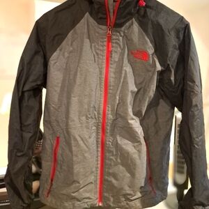 The North Face Grey and Red Rain shell